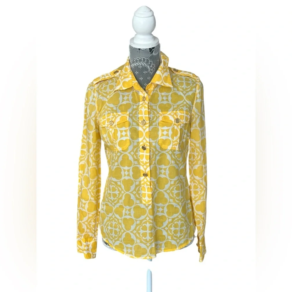 Tory Burch Lightweight Yellow Print Button Down Blouse Cotton Size 6 - Picture 1 of 5